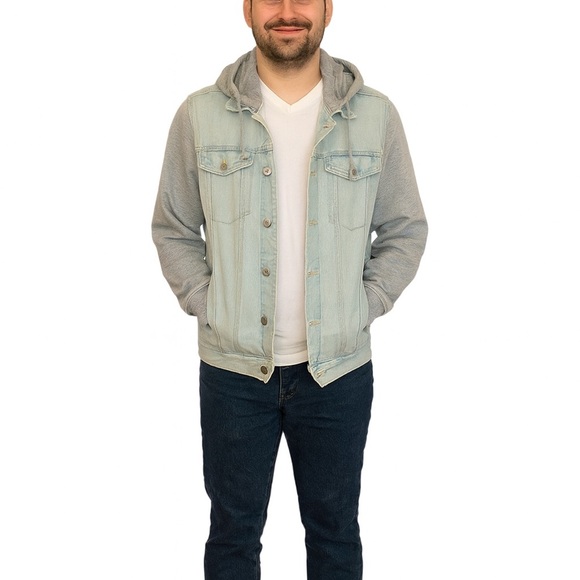 Bklyn Men's Size Large Hooded Sweatshirt Denim Jean Jacket - Picture 1 of 8